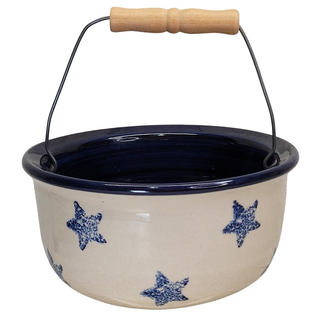 Marshall Pottery Stoneware Bucket Blue Cream Star Ceramic Wood Handle 2000 EX